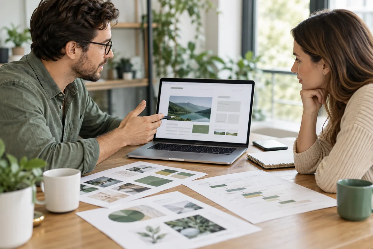 Consultant explaining website project options and milestones