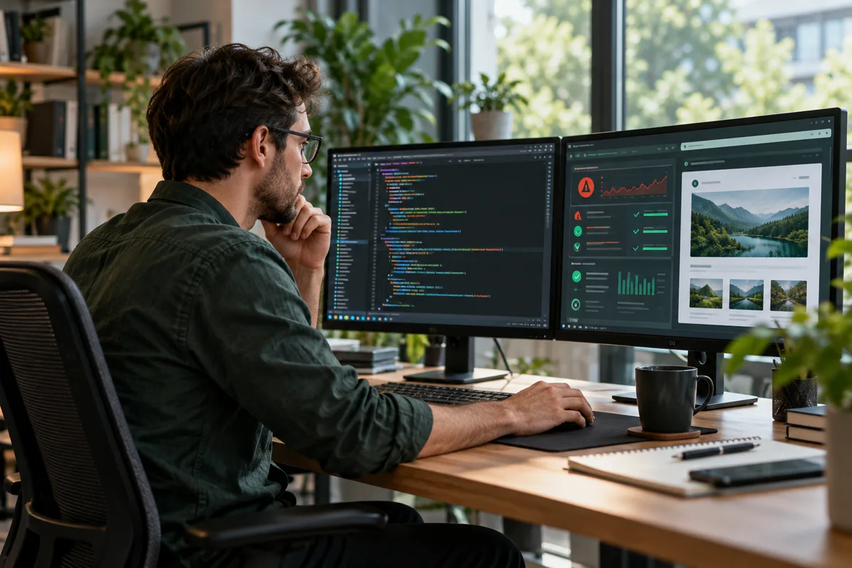 Developer diagnosing and testing a website repair