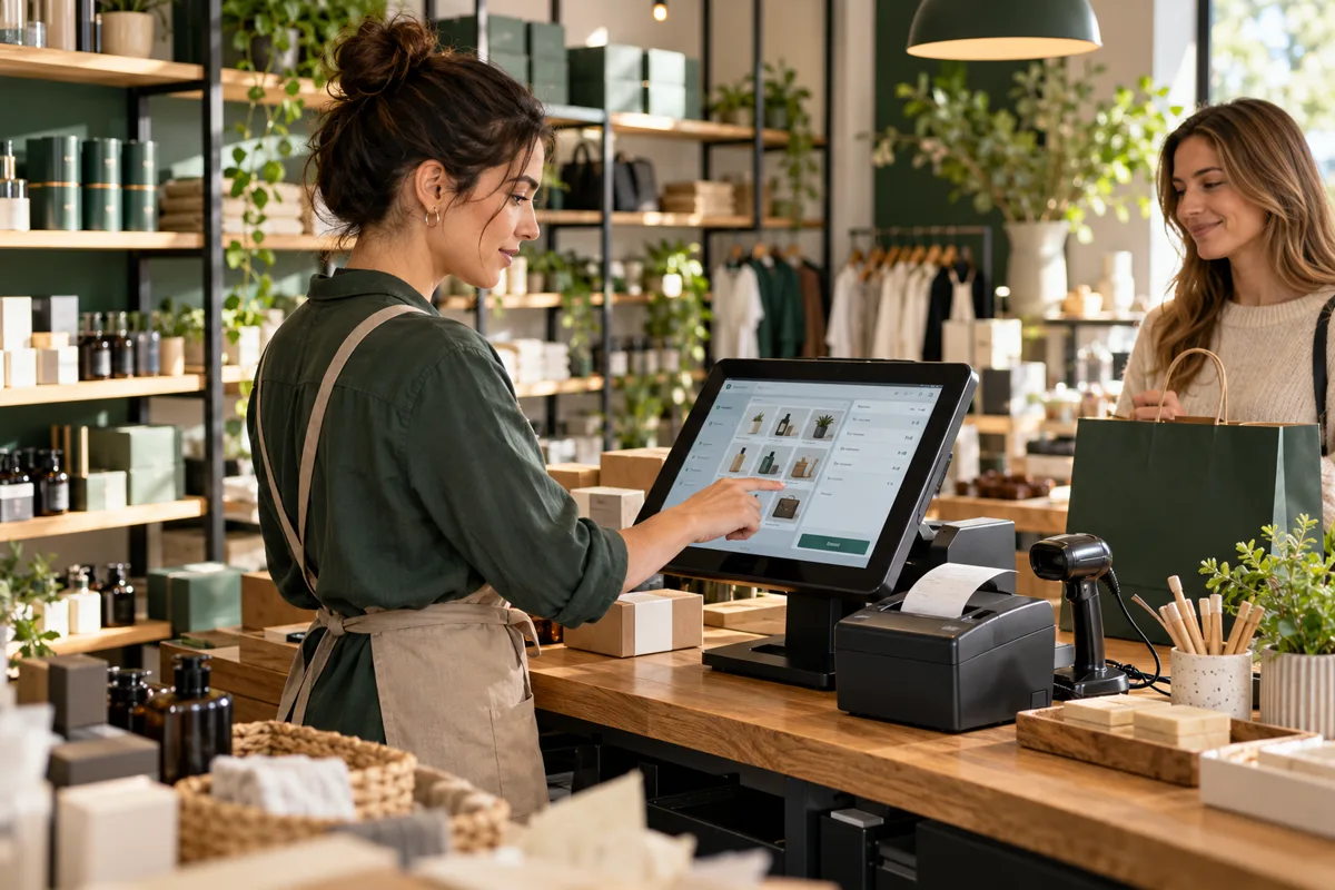 Shop manager using a modern point-of-sale management system