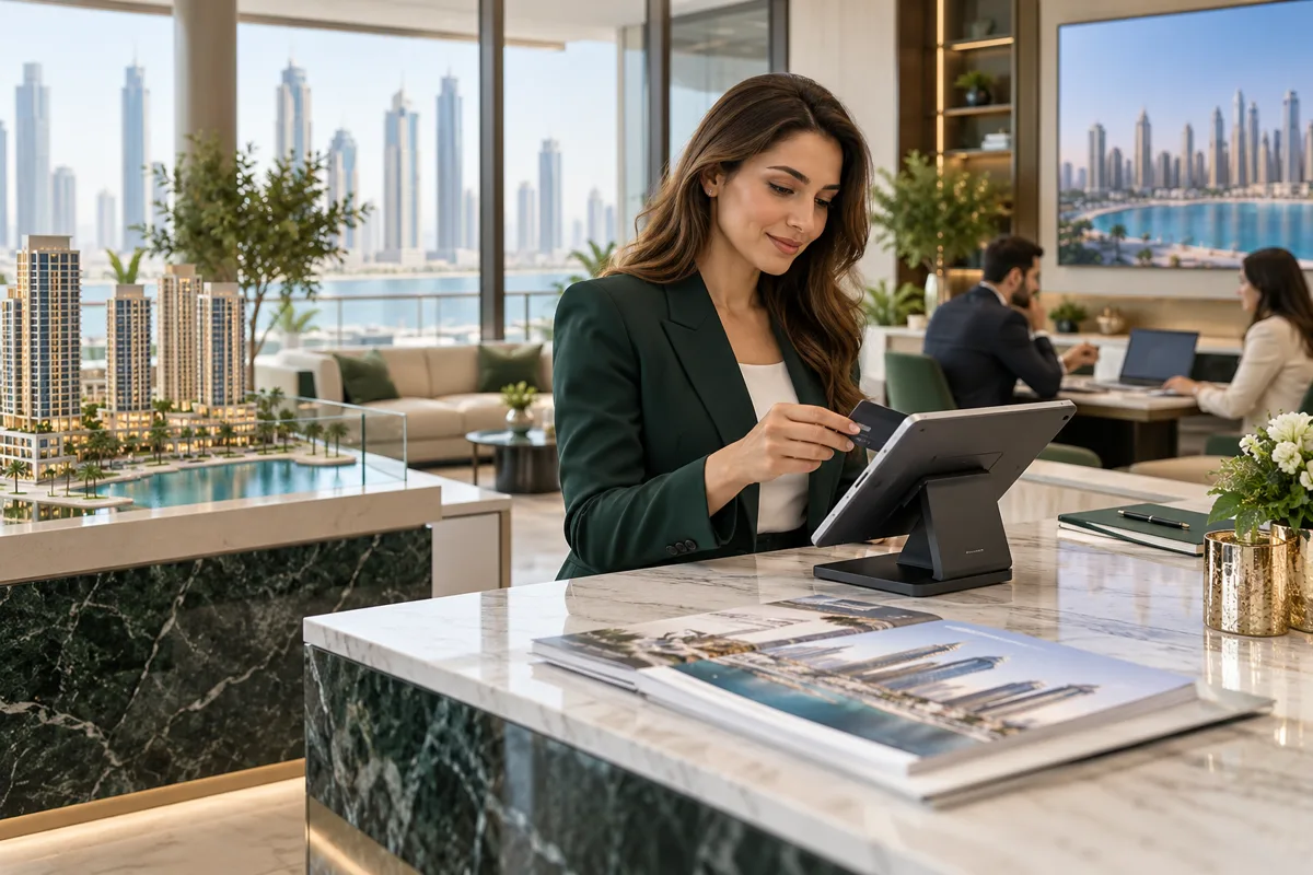 Property consultant evaluating a point-of-sale system in a real estate office