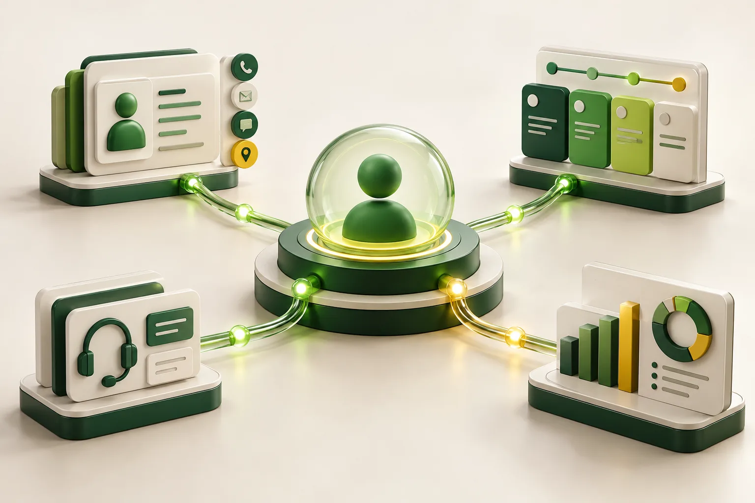 Customer, sales, support and reporting systems connected through a central custom CRM hub
