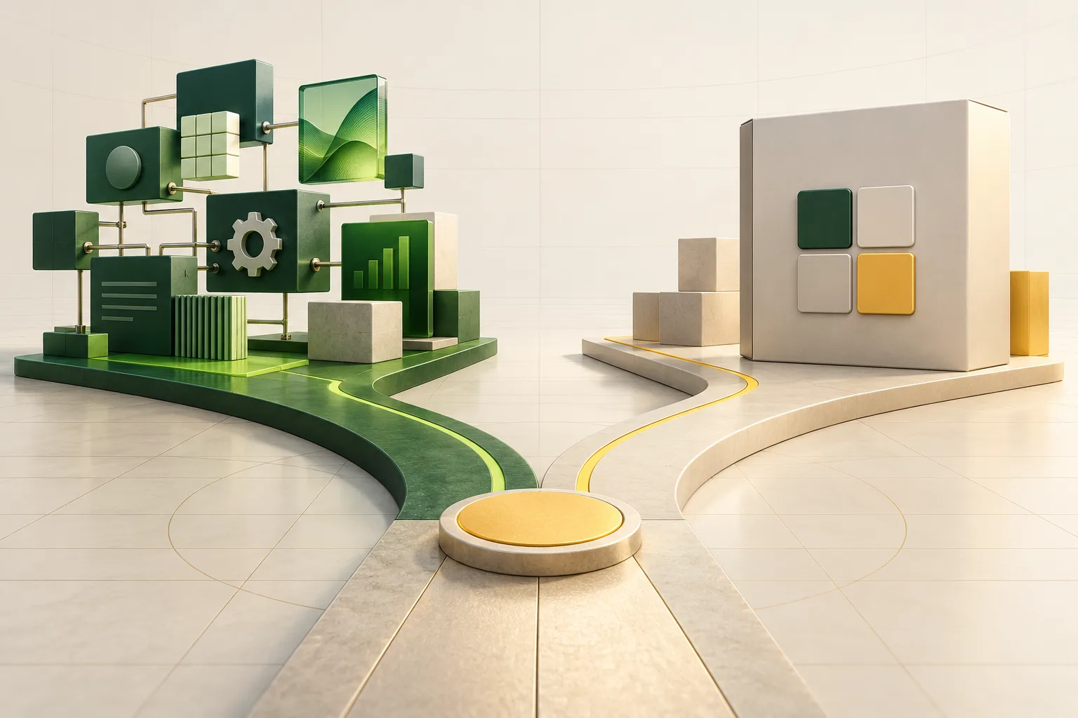 Two software paths comparing a configurable custom system with a ready-made product