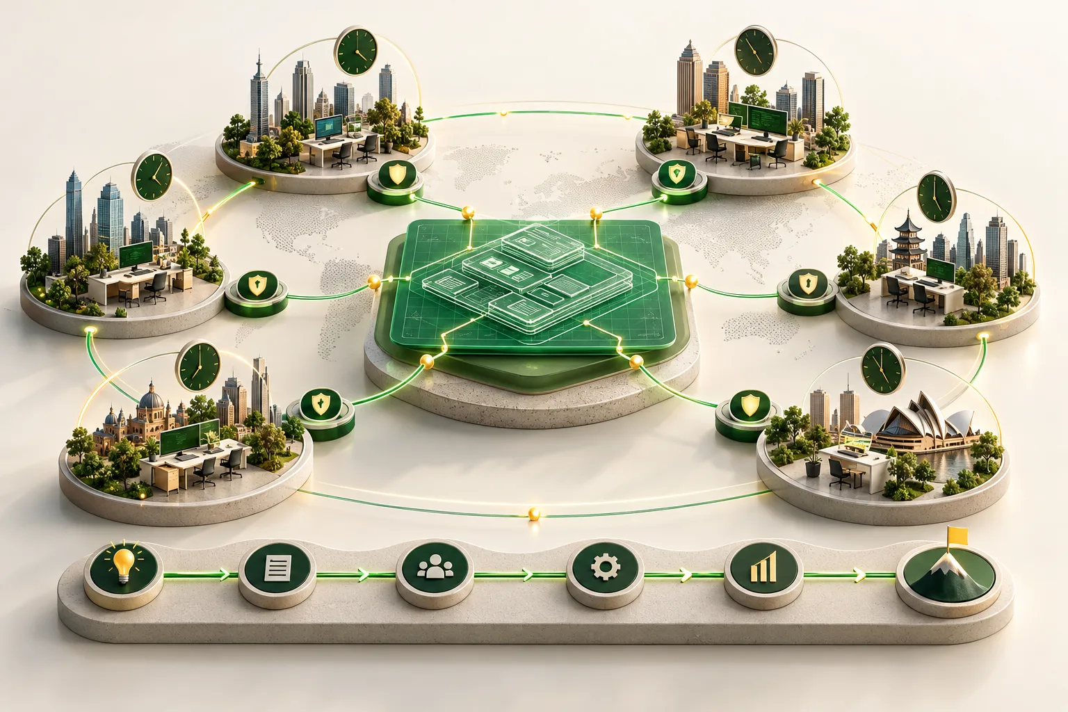 International delivery teams connected to a shared software blueprint and governed roadmap