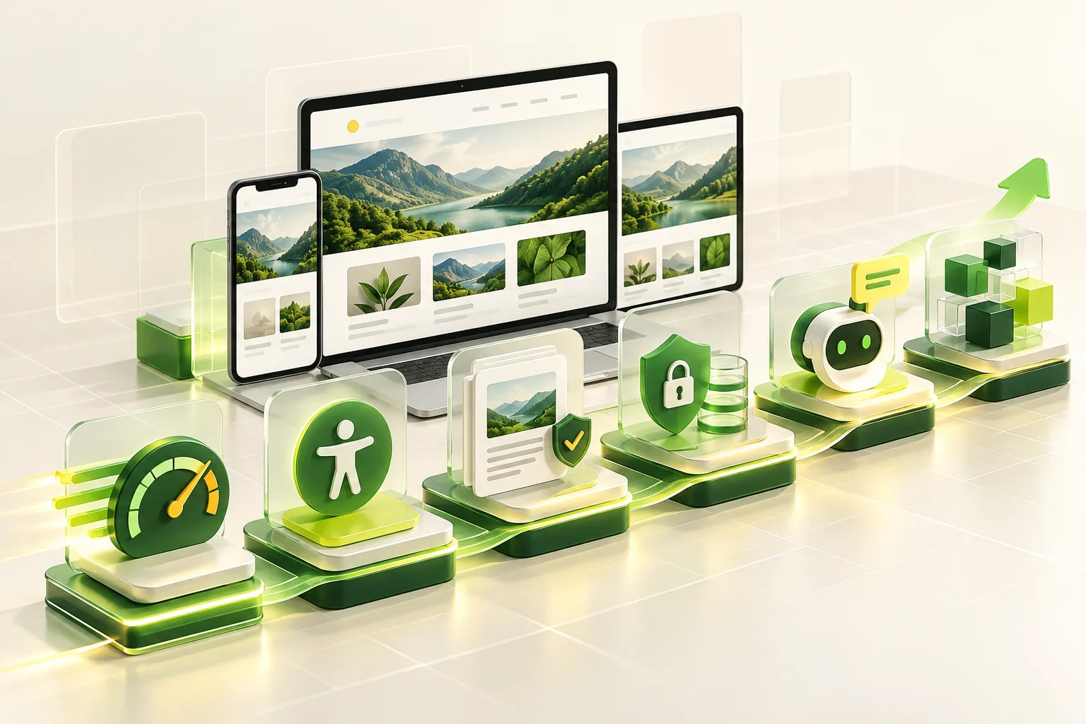 Responsive website platform illustrating performance, accessibility, content, privacy, AI and modular architecture